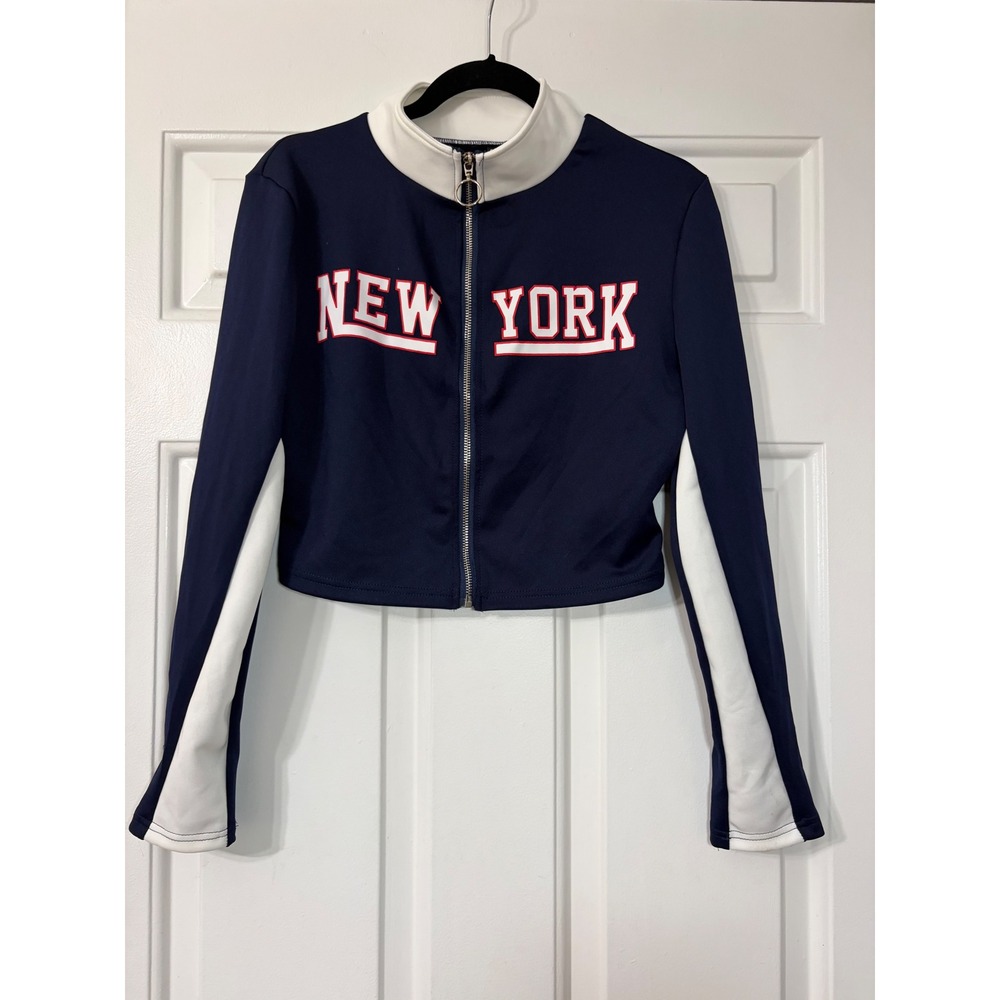 New York Cropped Zip Up Track Jacket | Large || Navy Blue|  SHEIN